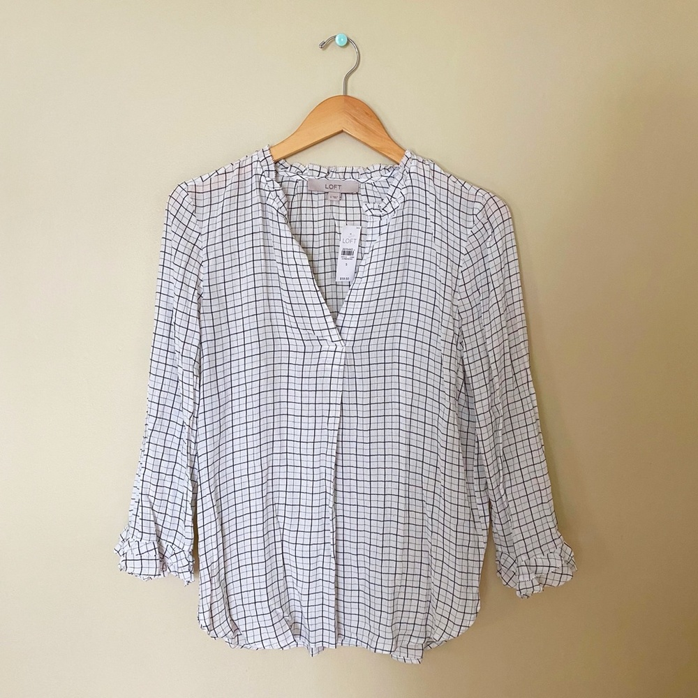 LOFT Plaid Ruffle Split Neck Blouse - Picture 2 of 9
